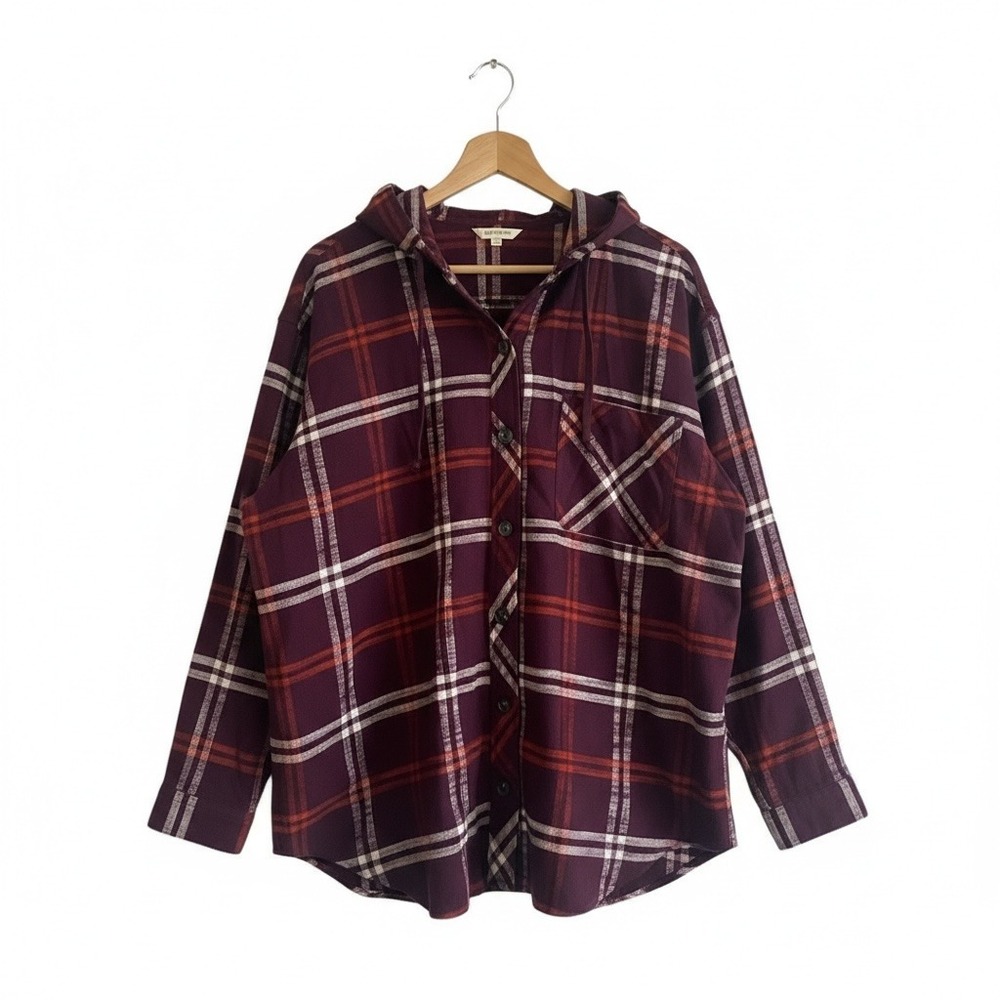 Womens 2XL Maurices Plaid Flannel Hoodie Shirt Maroon Orange White Button Up